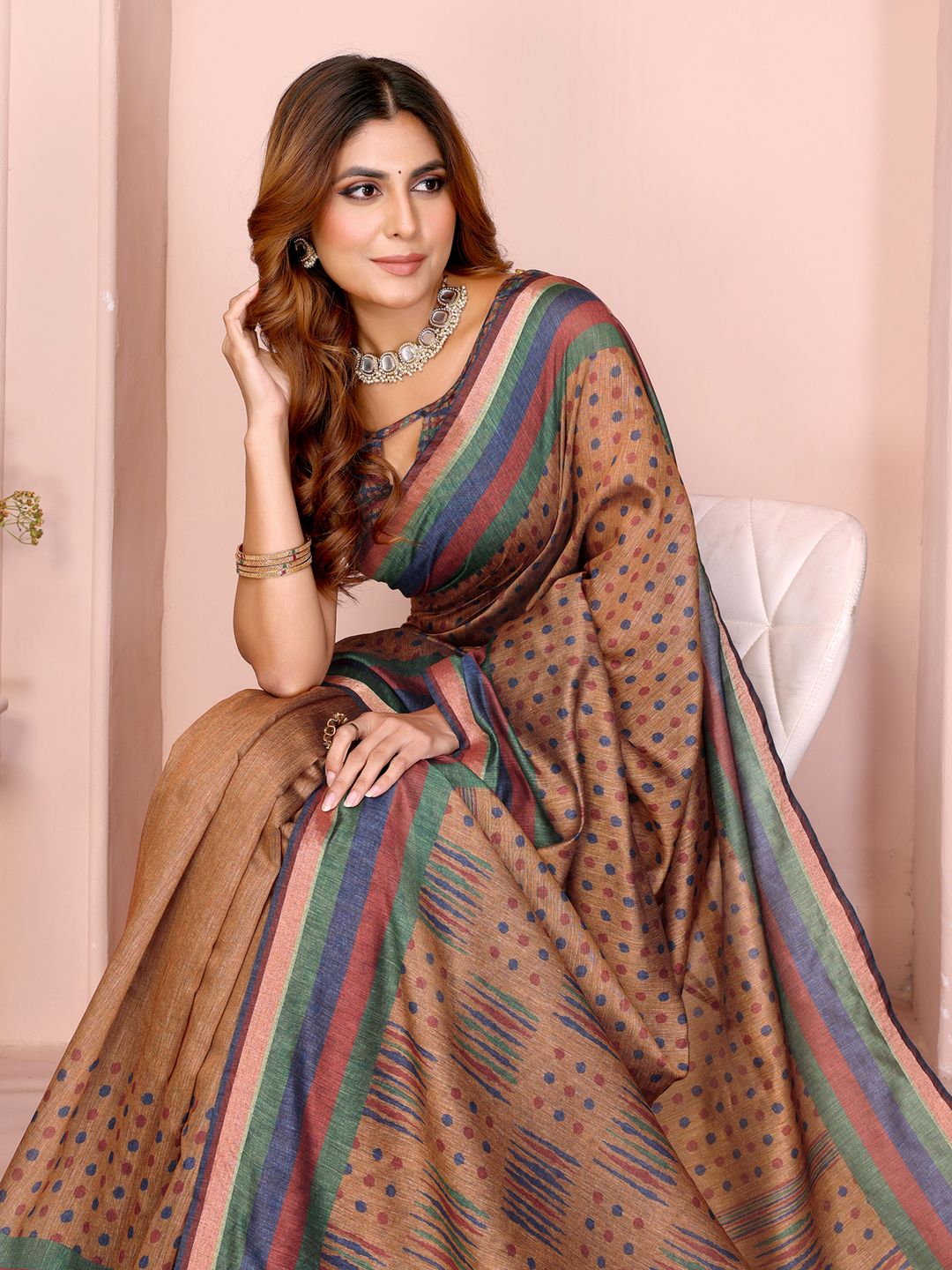 Mustard Brown Chanderi Cotton Saree with Polka Print Border