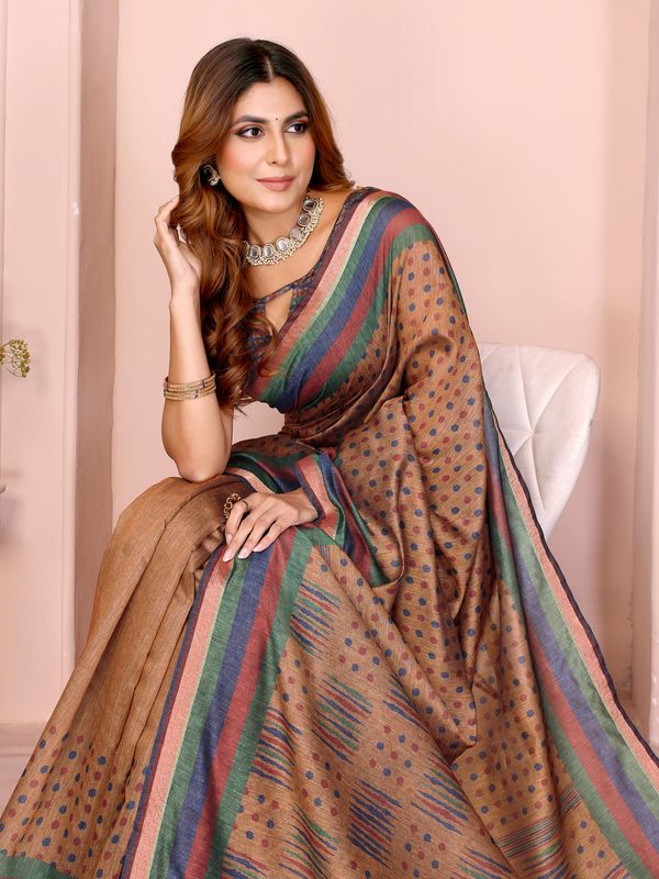 Mustard Brown Chanderi Cotton Saree with Polka Print Border