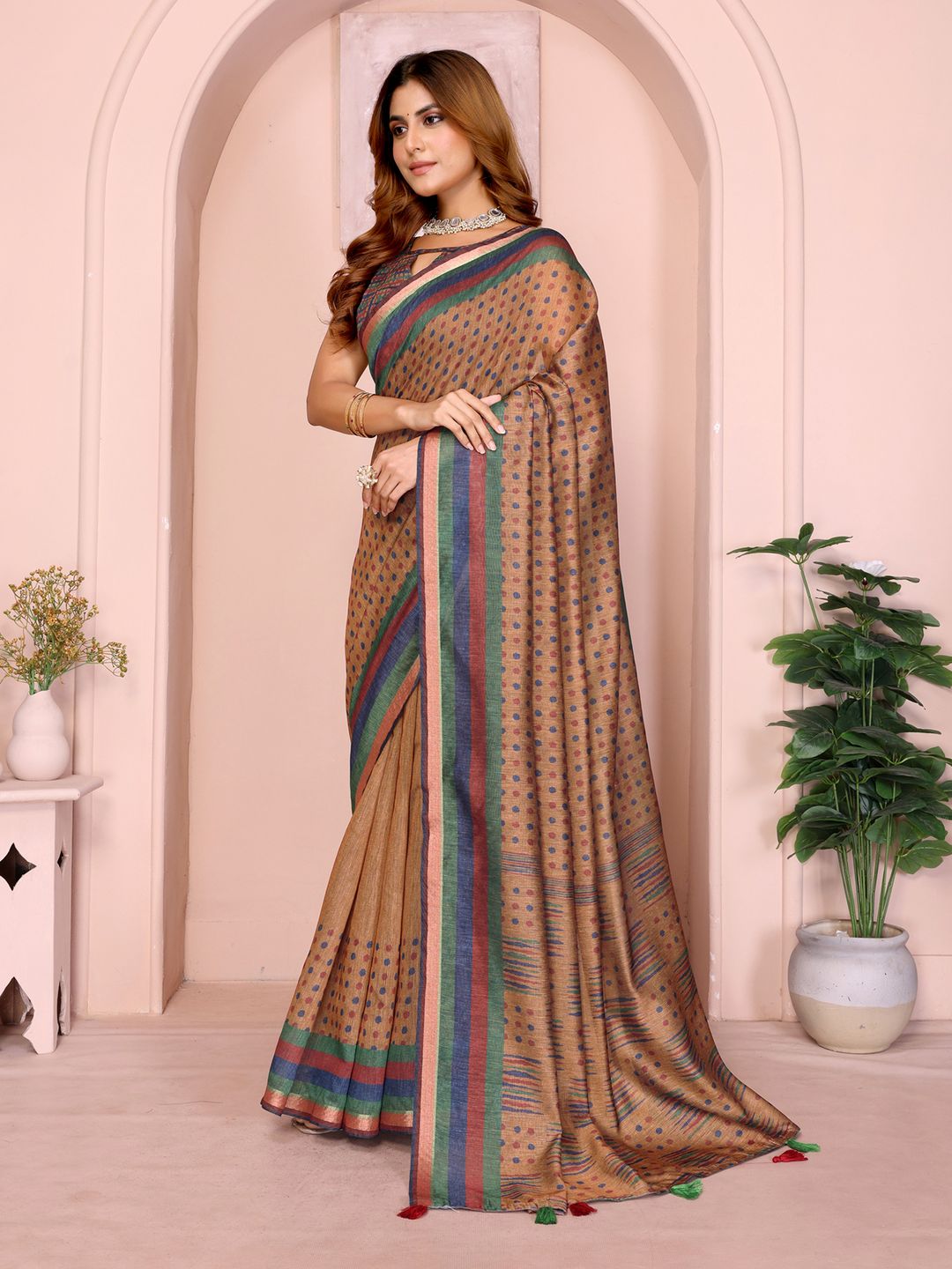 Mustard Brown Chanderi Cotton Saree with Polka Print Border