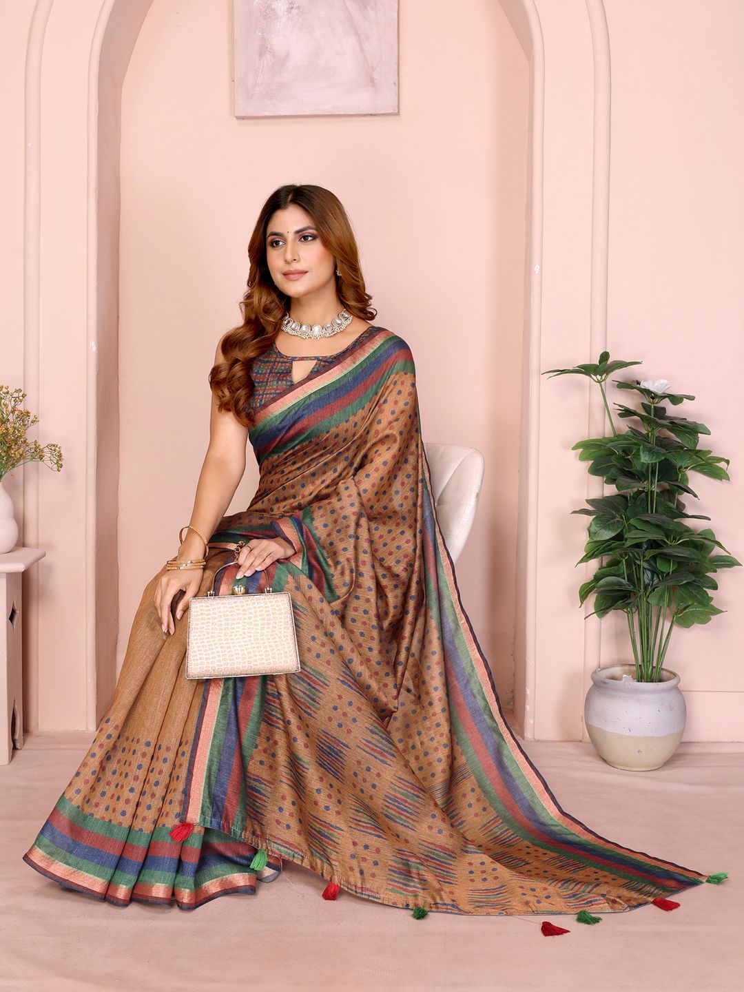 Mustard Brown Chanderi Cotton Saree with Polka Print Border