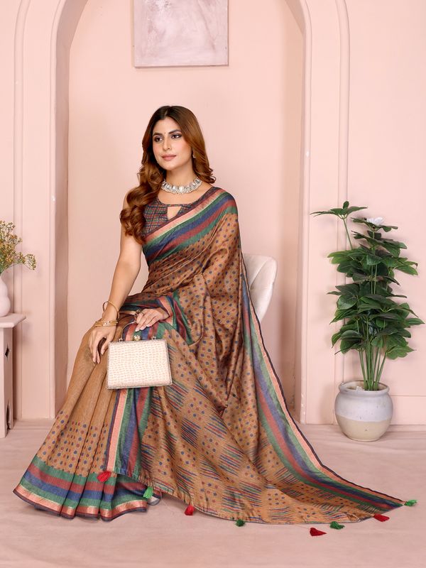 Mustard Brown Chanderi Cotton Saree with Polka Print Border