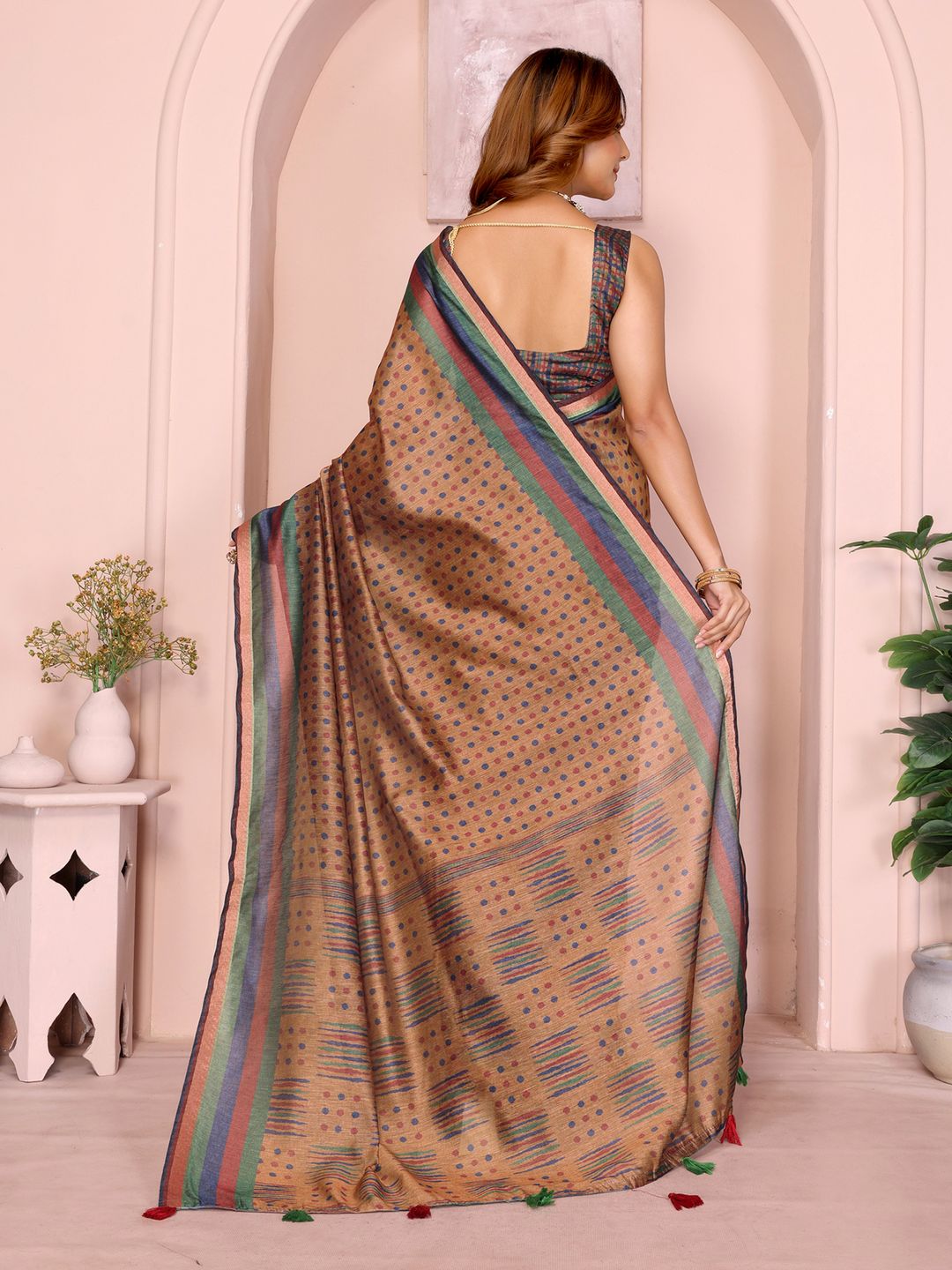 Mustard Brown Chanderi Cotton Saree with Polka Print Border