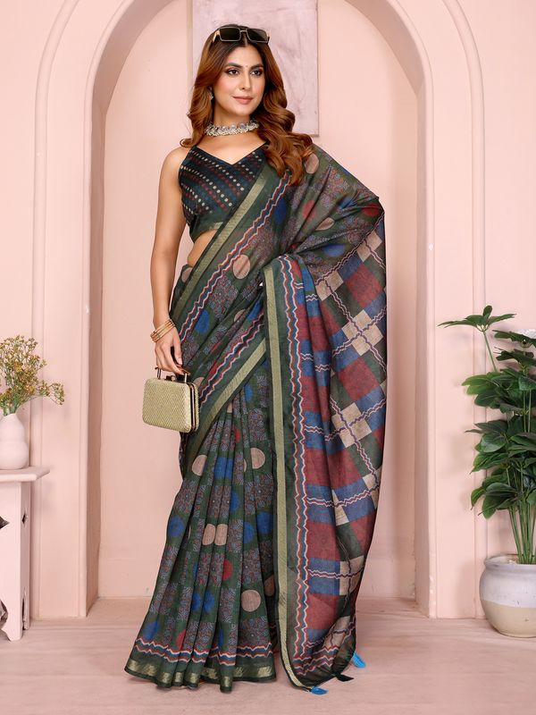 Olive Green Chanderi Cotton Saree with Printed Pallu Design