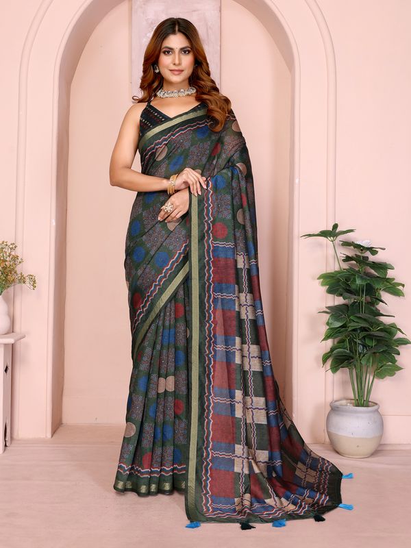 Olive Green Chanderi Cotton Saree with Printed Pallu Design
