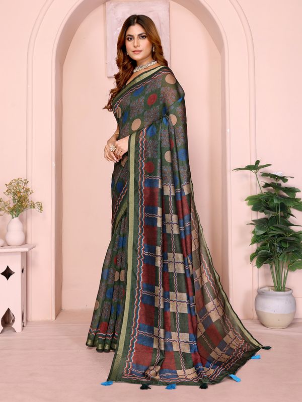 Olive Green Chanderi Cotton Saree with Printed Pallu Design