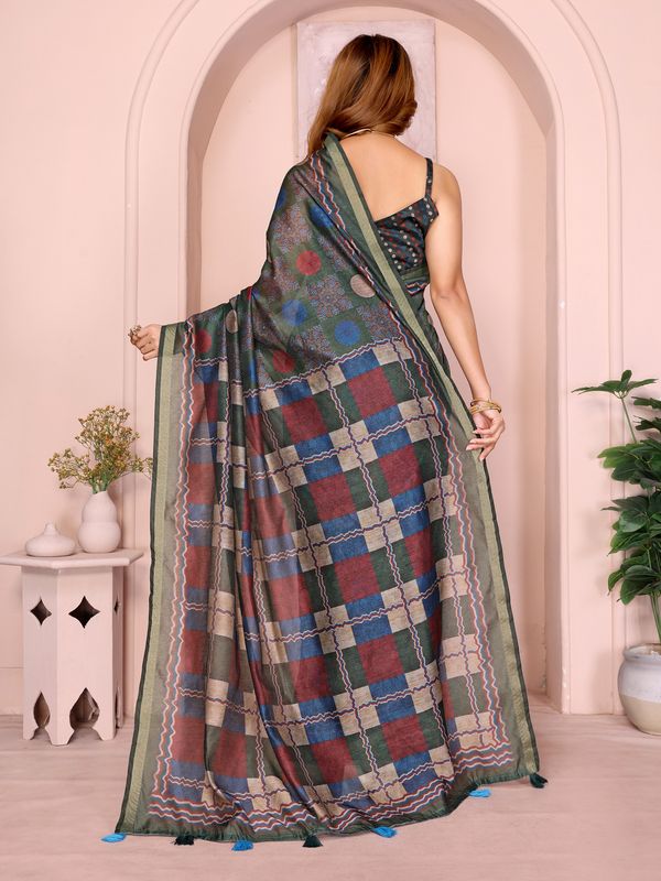 Olive Green Chanderi Cotton Saree with Printed Pallu Design