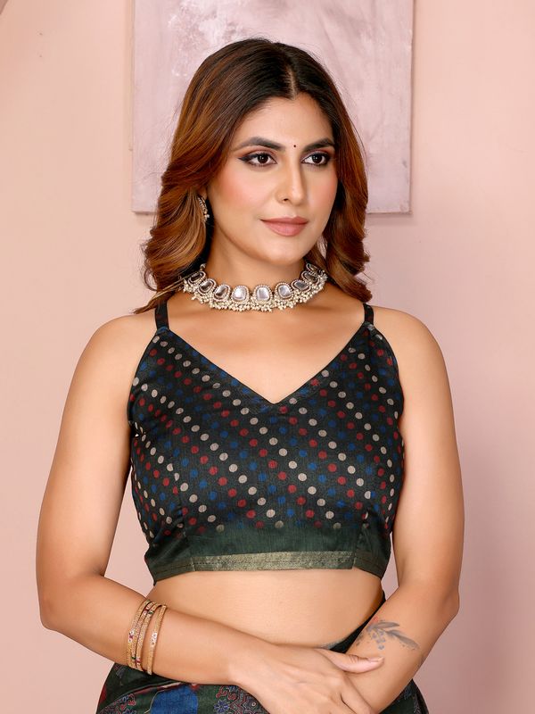 Olive Green Chanderi Cotton Saree with Printed Pallu Design