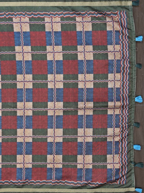 Olive Green Chanderi Cotton Saree with Printed Pallu Design