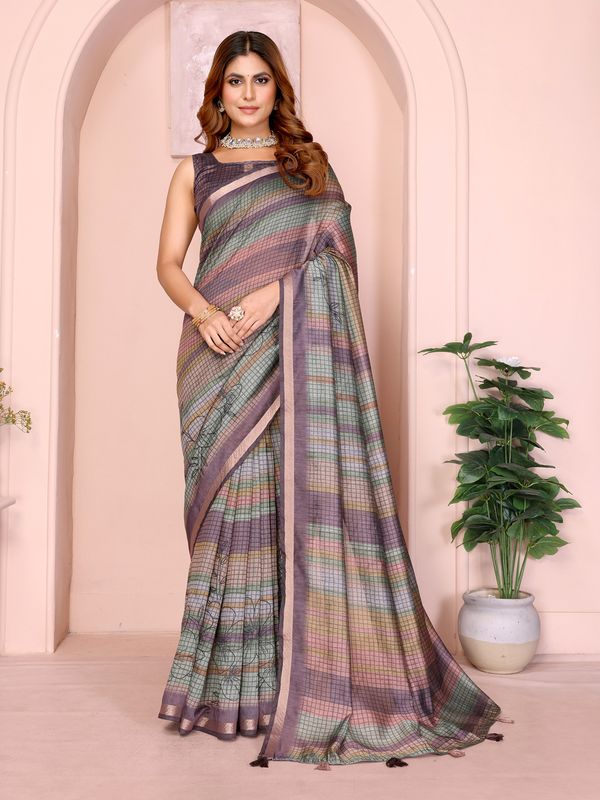 Pastel Checkered Chanderi Cotton Saree with Soft Border