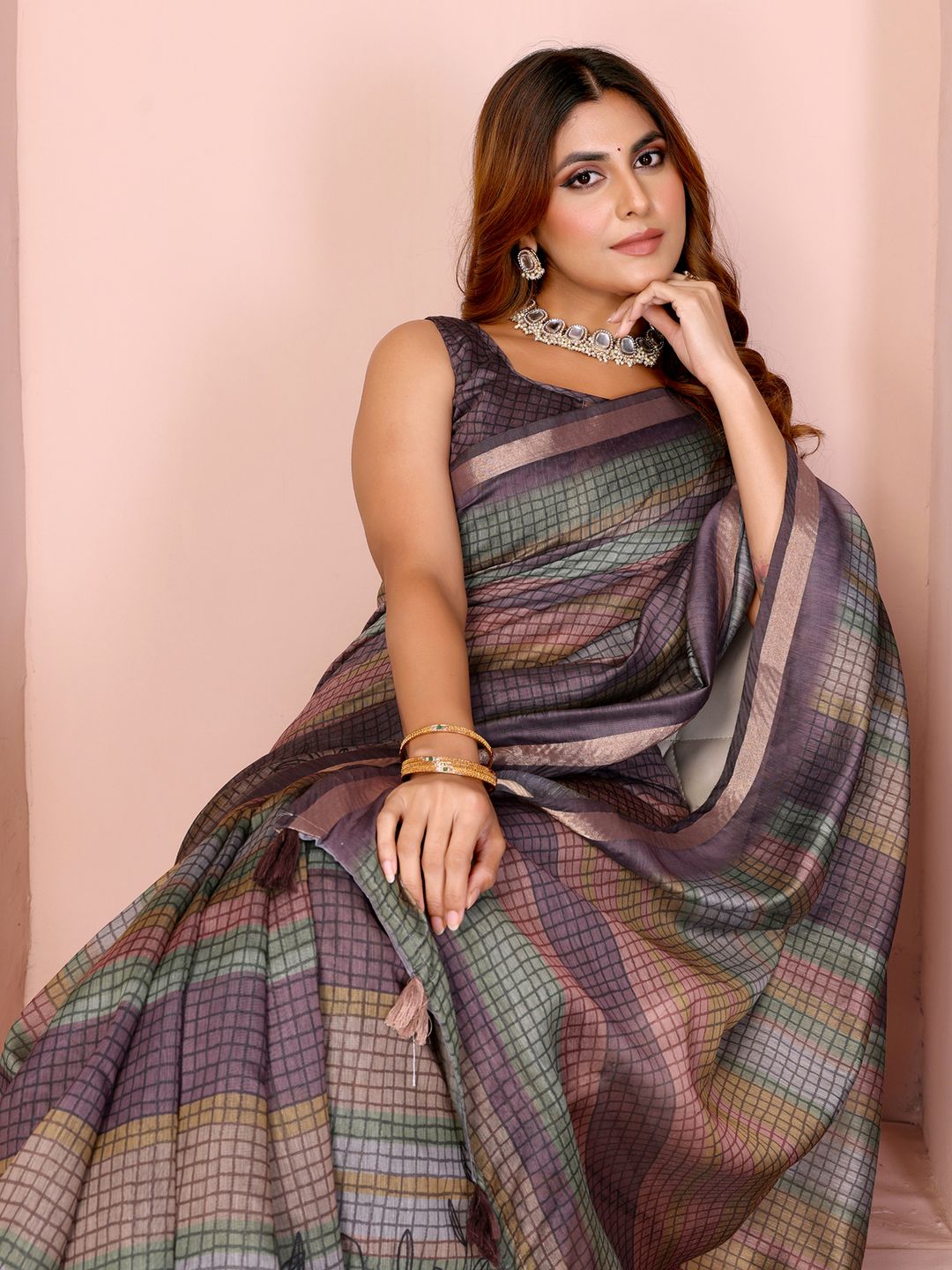Pastel Checkered Chanderi Cotton Saree with Soft Border