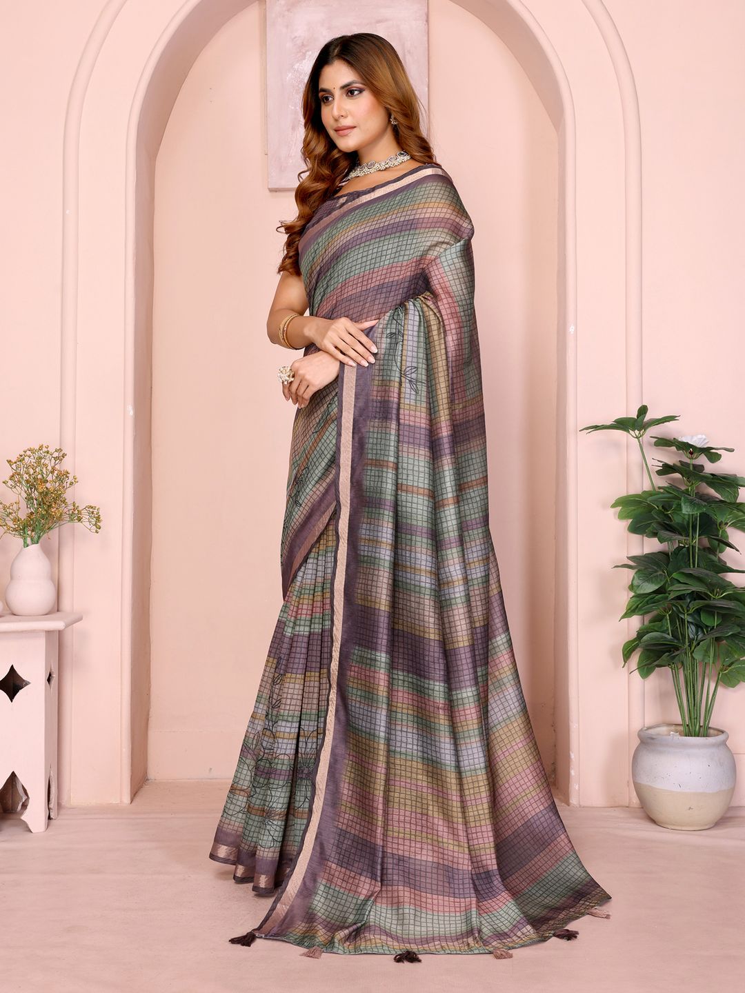 Pastel Checkered Chanderi Cotton Saree with Soft Border