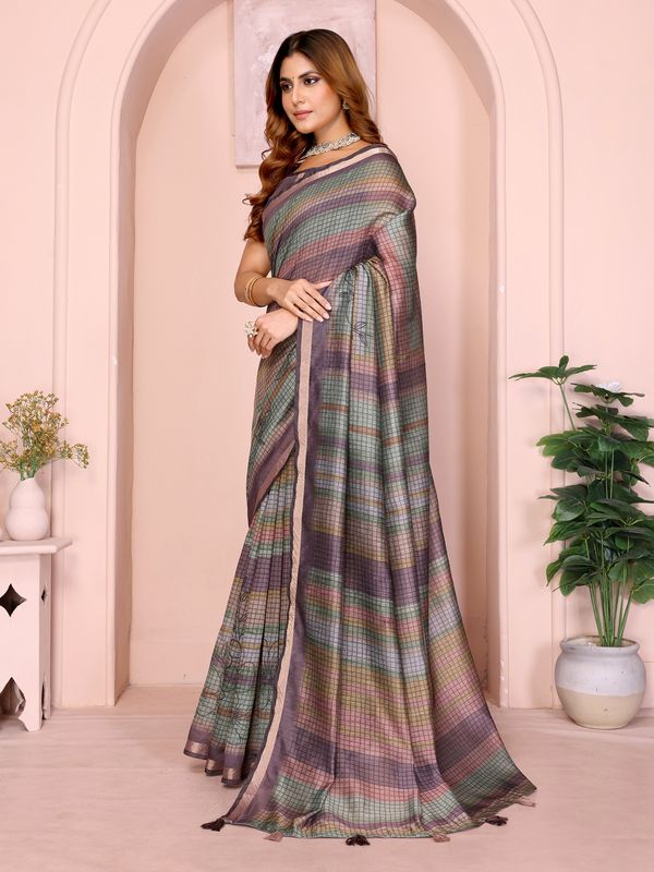 Pastel Checkered Chanderi Cotton Saree with Soft Border
