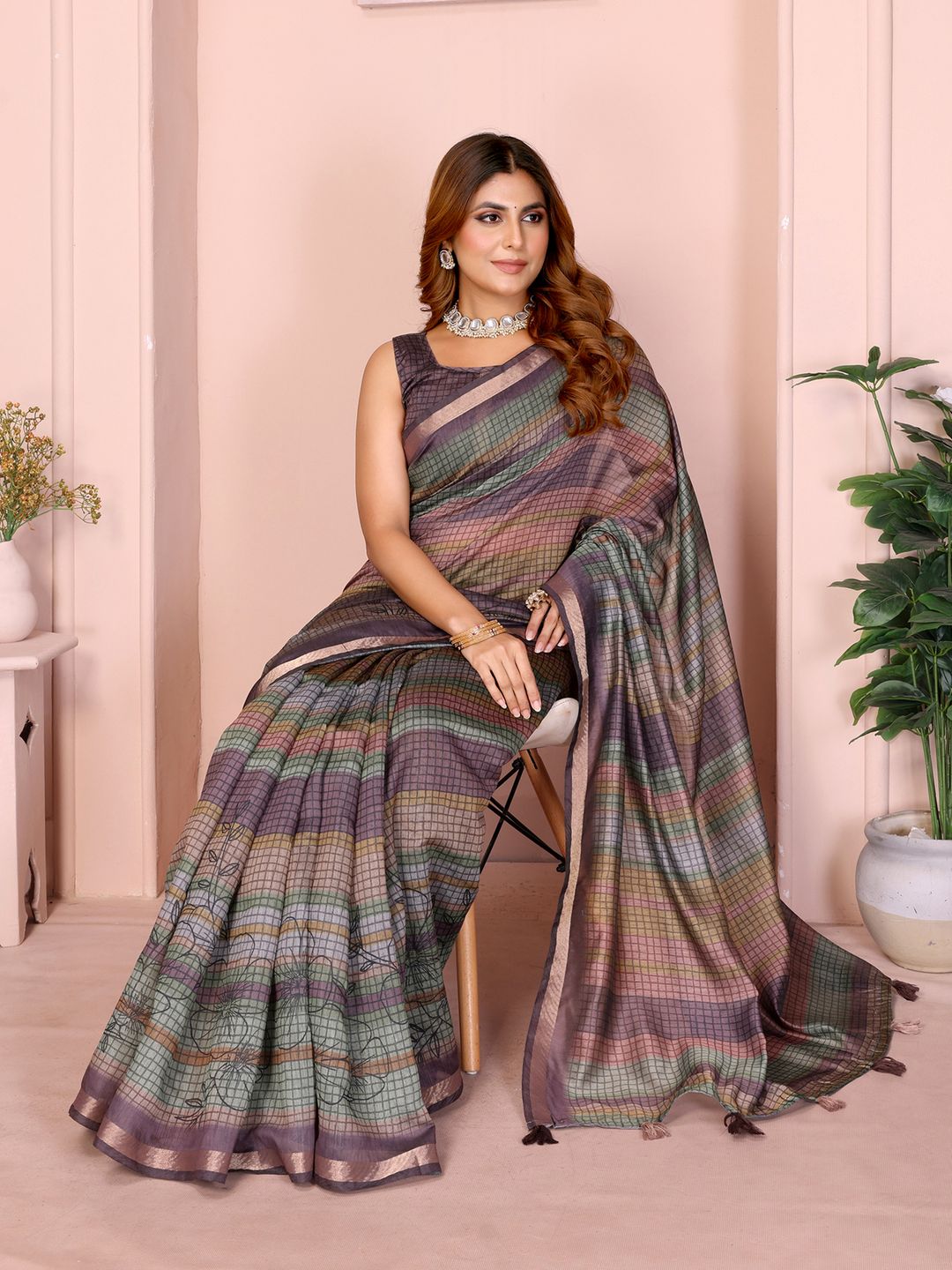Pastel Checkered Chanderi Cotton Saree with Soft Border