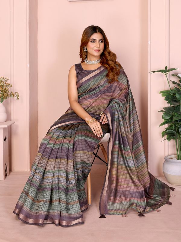 Pastel Checkered Chanderi Cotton Saree with Soft Border
