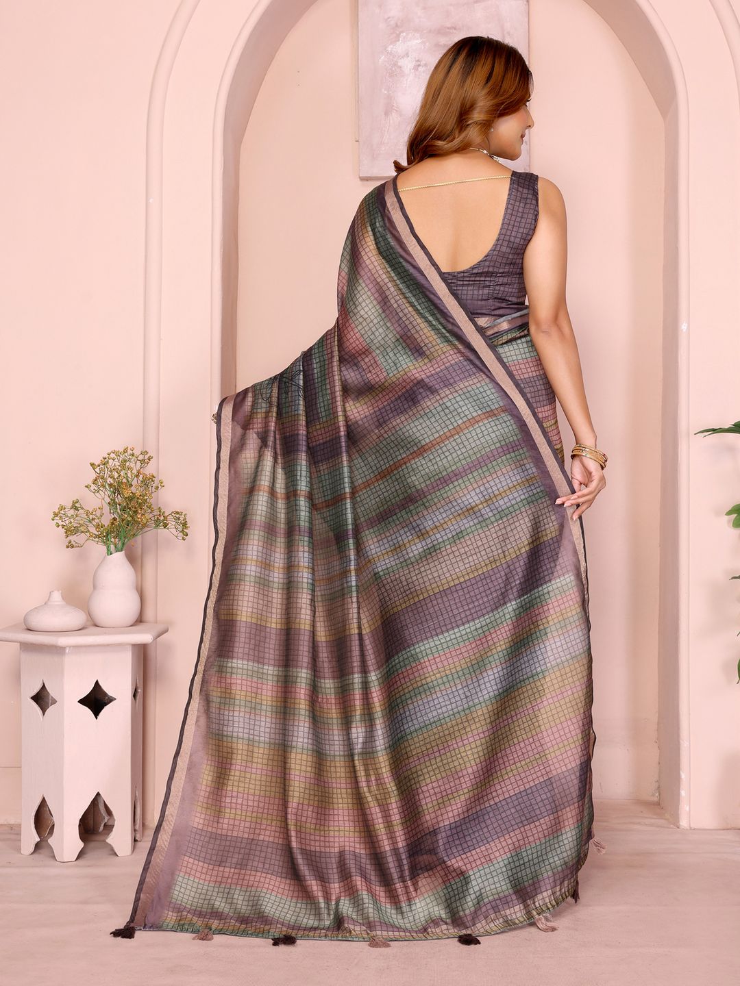 Pastel Checkered Chanderi Cotton Saree with Soft Border