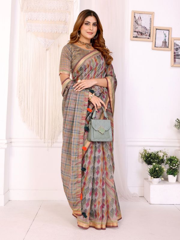Multicolor Chanderi Cotton Saree with Artistic Leaf Pattern