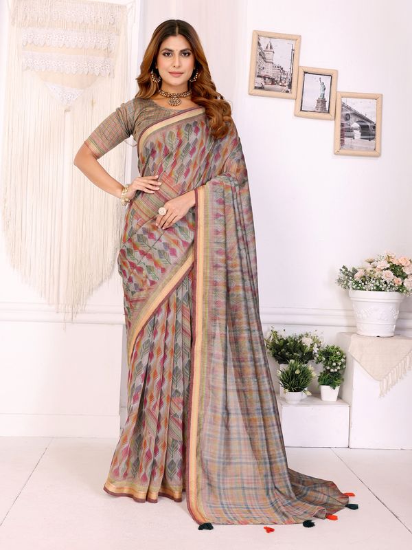 Multicolor Chanderi Cotton Saree with Artistic Leaf Pattern
