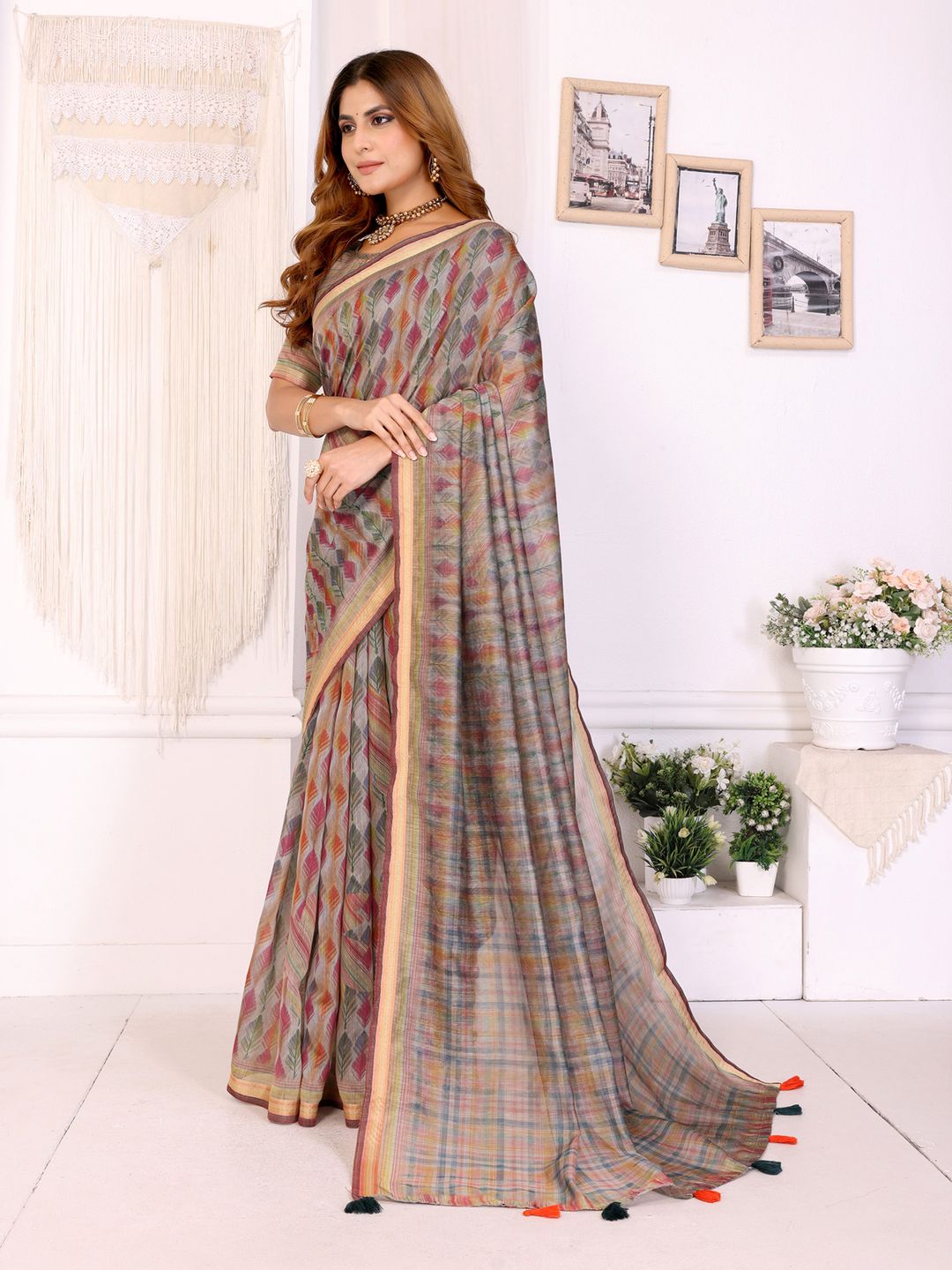 Multicolor Chanderi Cotton Saree with Artistic Leaf Pattern