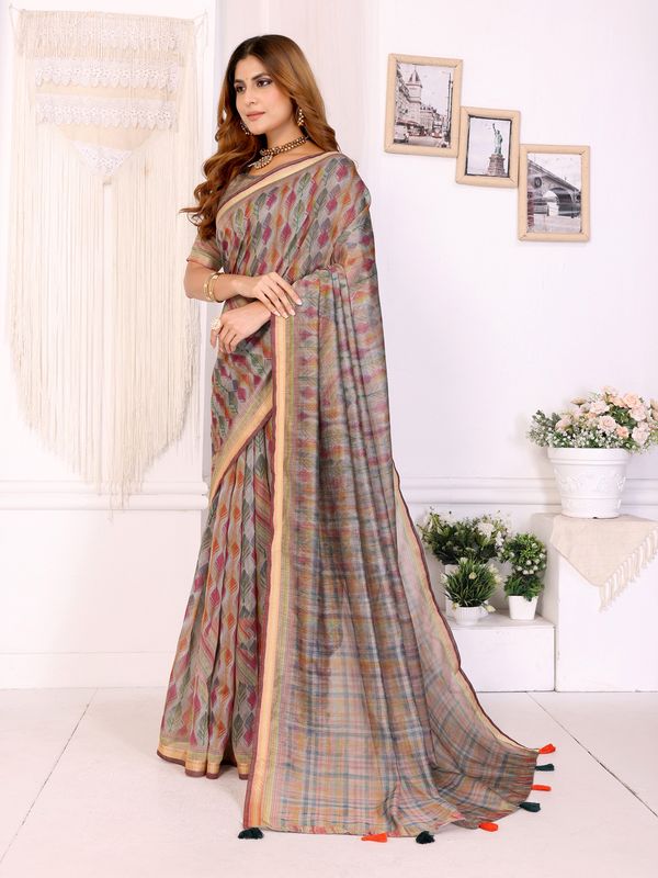 Multicolor Chanderi Cotton Saree with Artistic Leaf Pattern