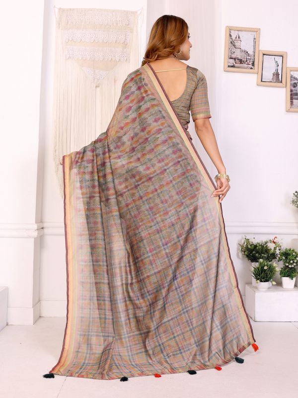 Multicolor Chanderi Cotton Saree with Artistic Leaf Pattern
