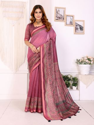 Wine Pink Printed Chanderi Cotton Saree with Elegant Border