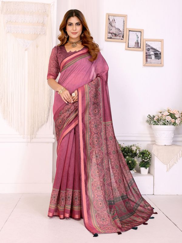 Wine Pink Printed Chanderi Cotton Saree with Elegant Border
