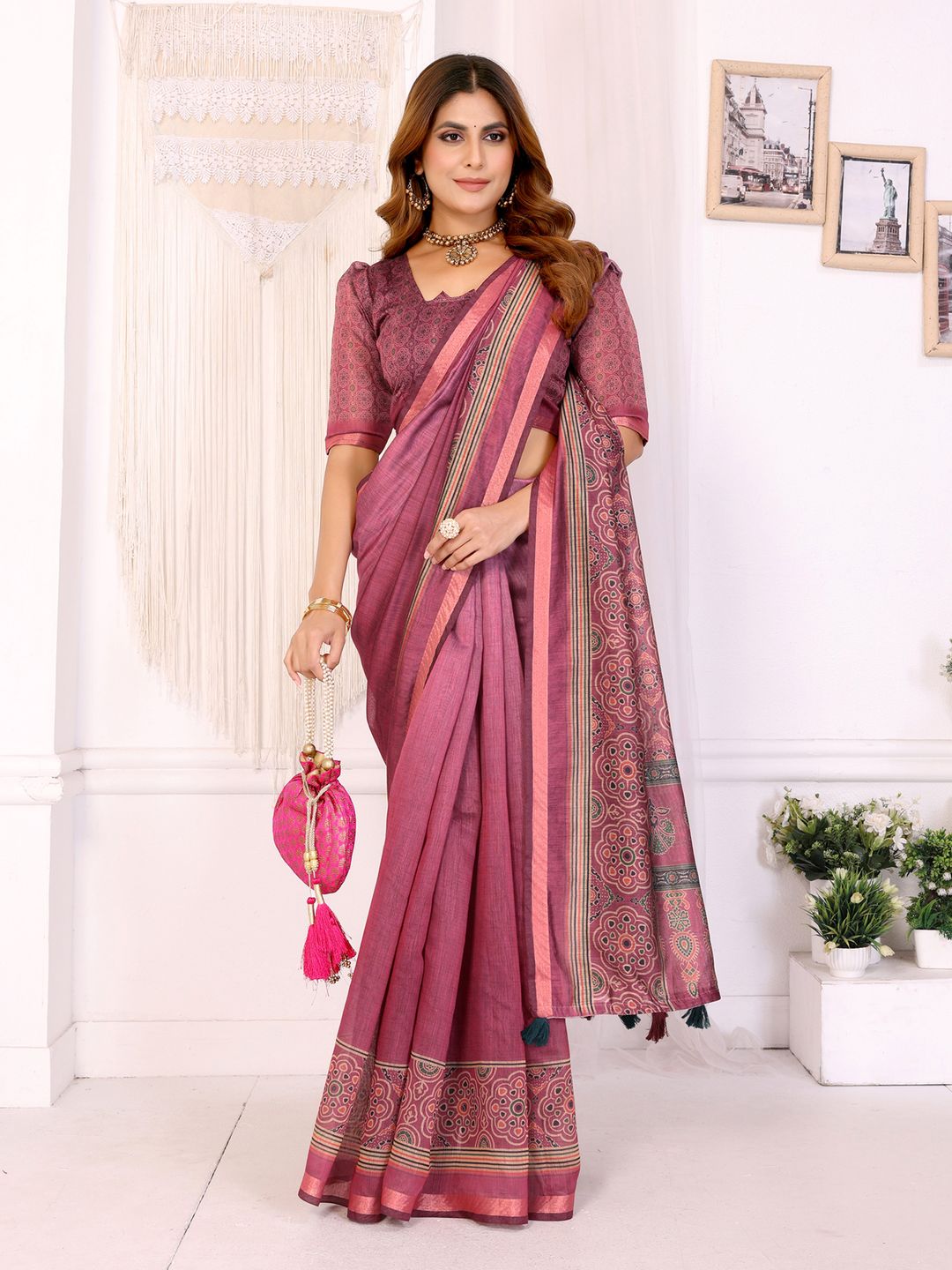 Wine Pink Printed Chanderi Cotton Saree with Elegant Border