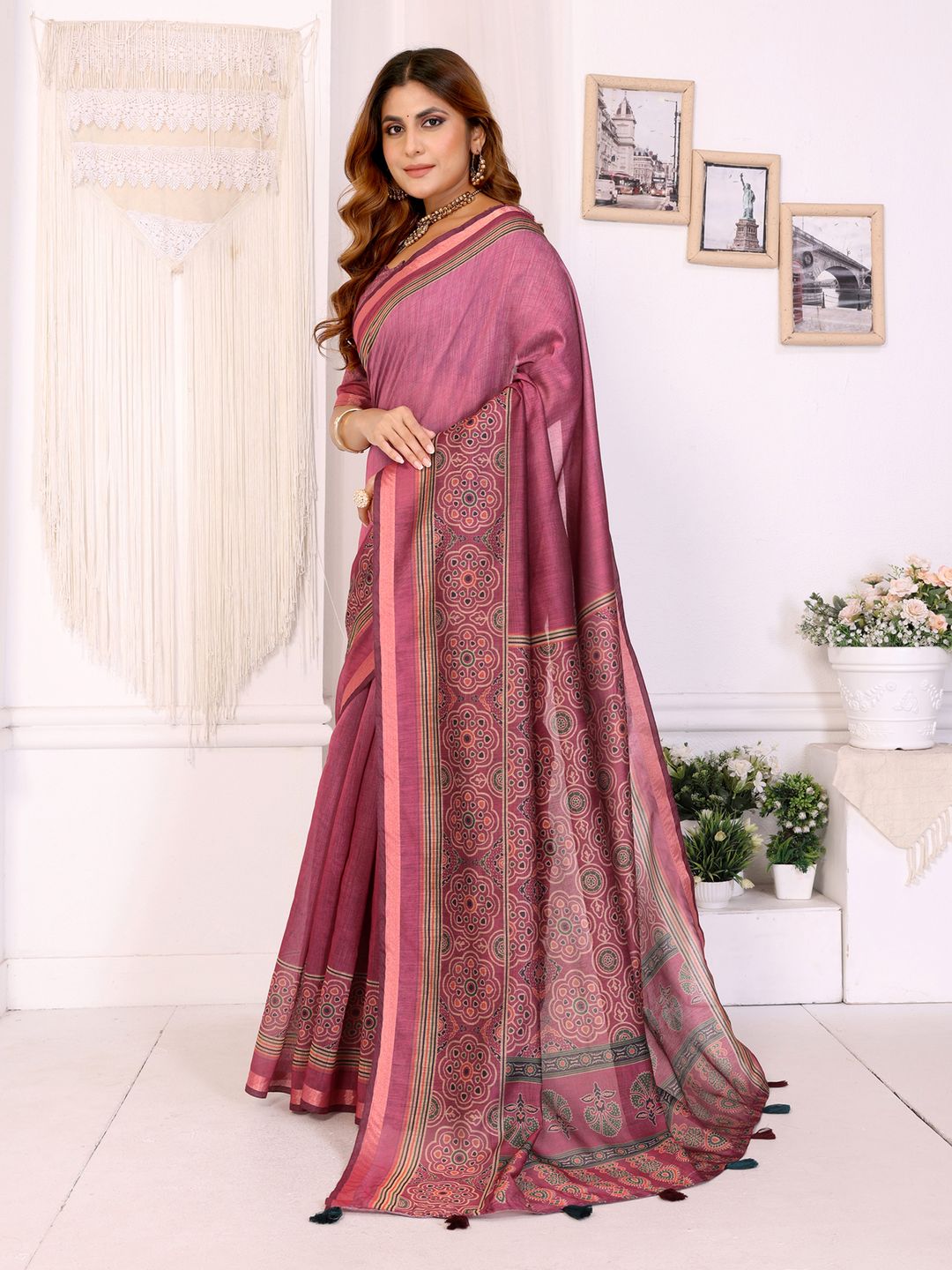 Wine Pink Printed Chanderi Cotton Saree with Elegant Border