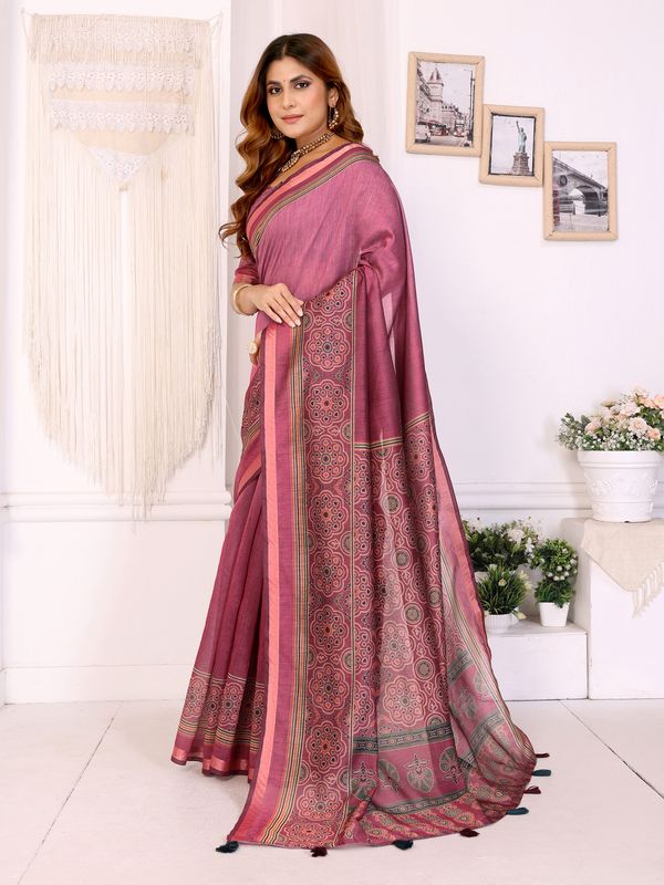 Wine Pink Printed Chanderi Cotton Saree with Elegant Border