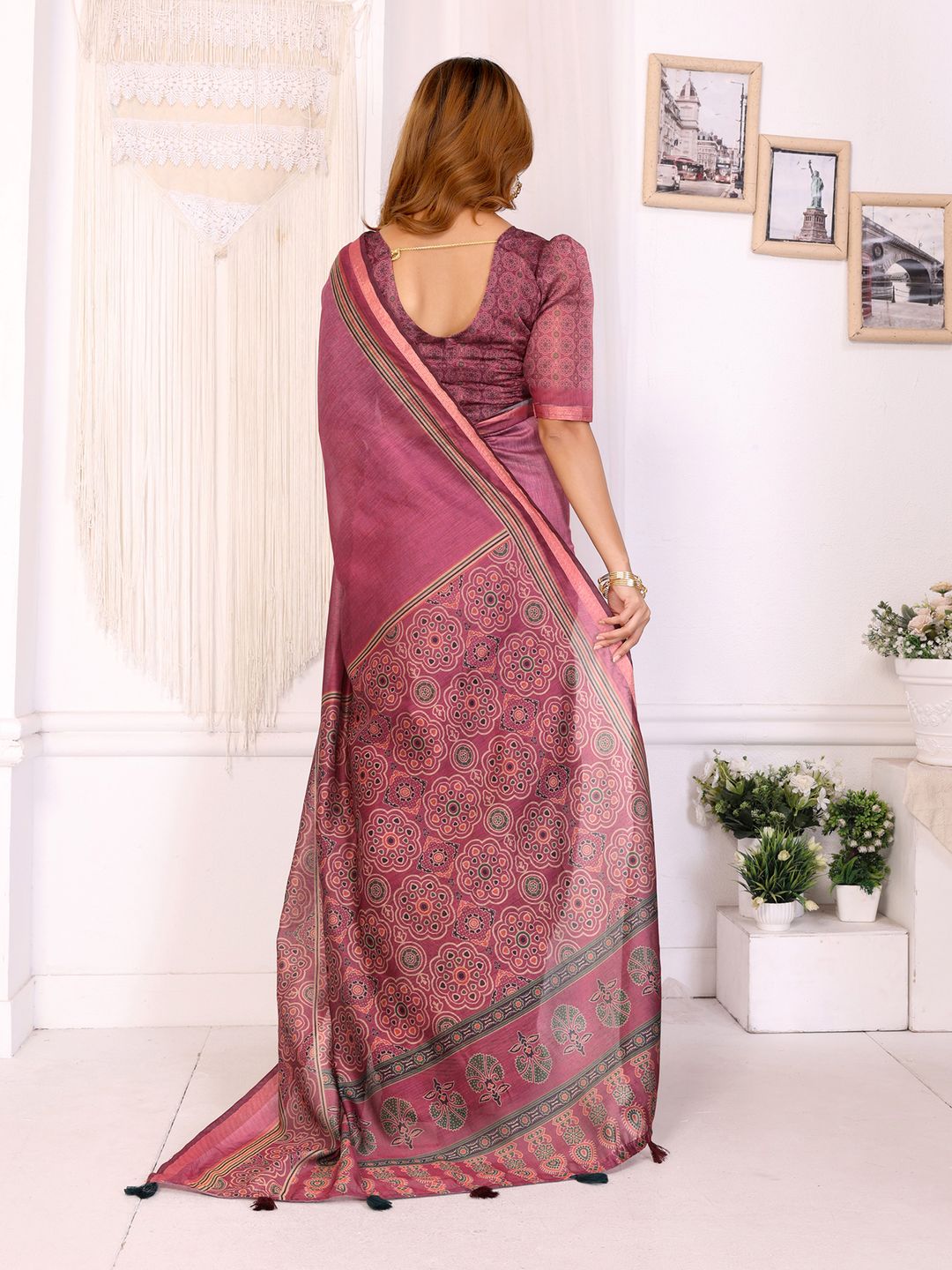Wine Pink Printed Chanderi Cotton Saree with Elegant Border