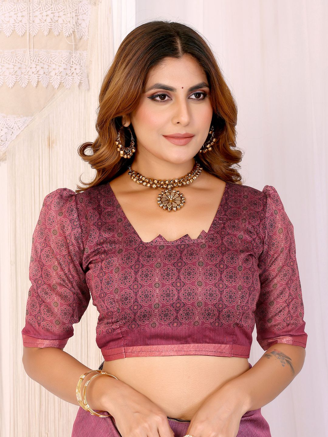 Wine Pink Printed Chanderi Cotton Saree with Elegant Border