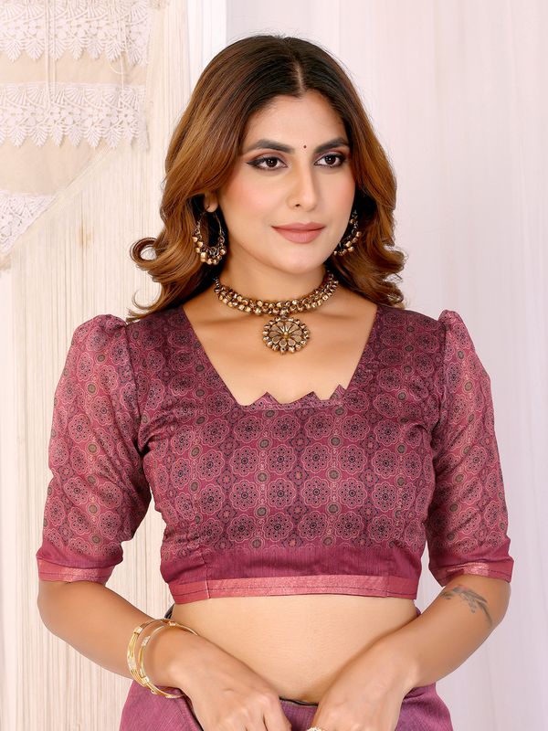 Wine Pink Printed Chanderi Cotton Saree with Elegant Border