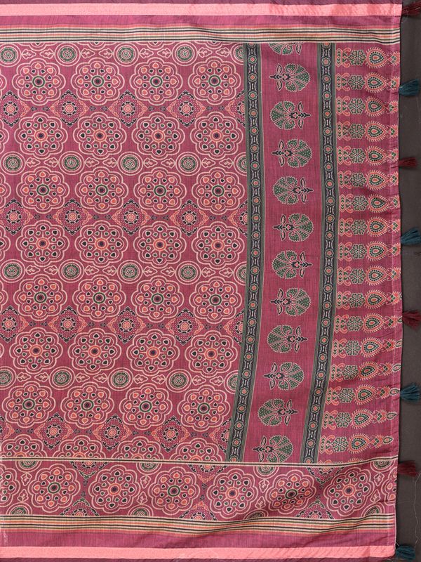 Wine Pink Printed Chanderi Cotton Saree with Elegant Border