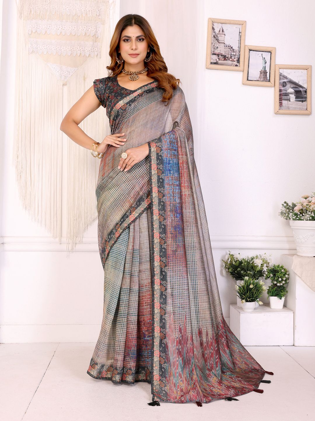 Elegant Black Chanderi Cotton Saree with Multicolor Prints.