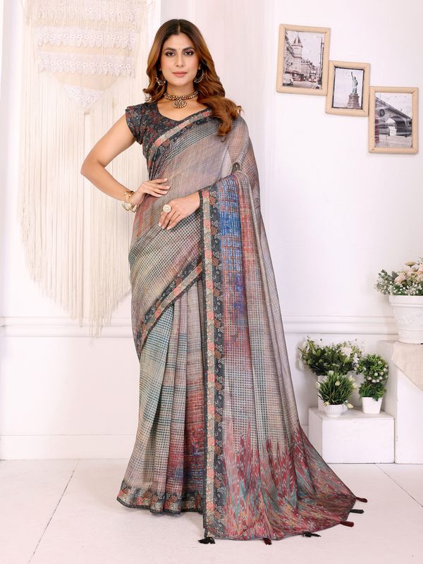 Elegant Black Chanderi Cotton Saree with Multicolor Prints.