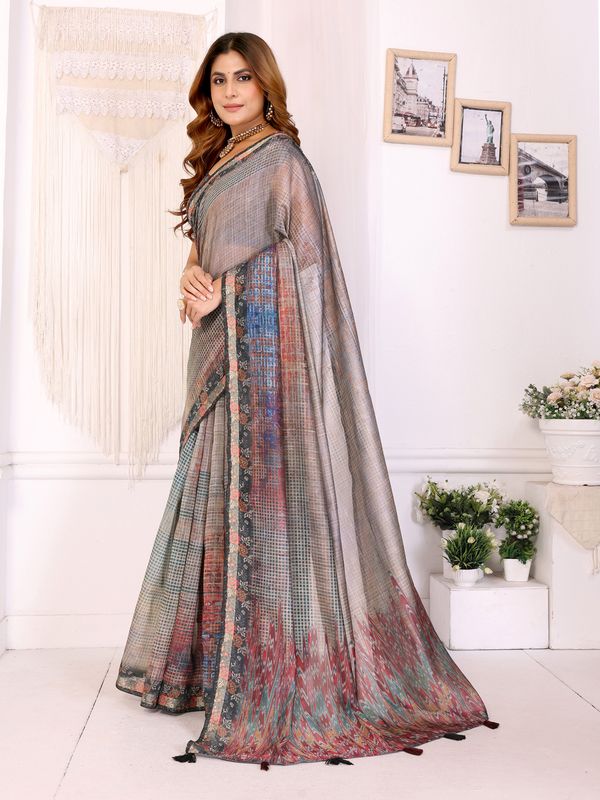 Elegant Black Chanderi Cotton Saree with Multicolor Prints.