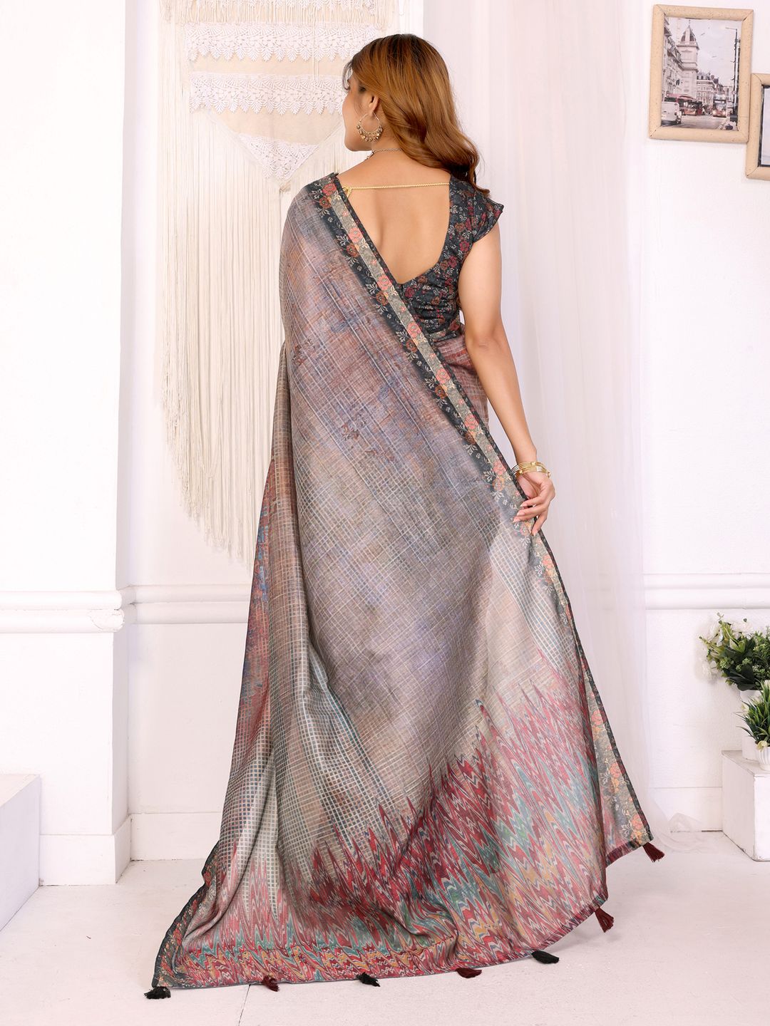 Elegant Black Chanderi Cotton Saree with Multicolor Prints.