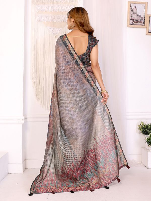 Elegant Black Chanderi Cotton Saree with Multicolor Prints.