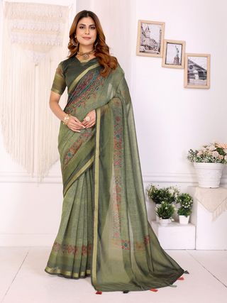 Olive Green Chanderi Cotton Saree with Printed Motif Border