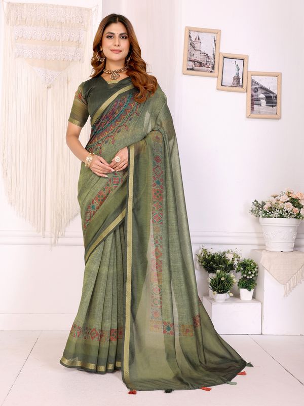 Olive Green Chanderi Cotton Saree with Printed Motif Border