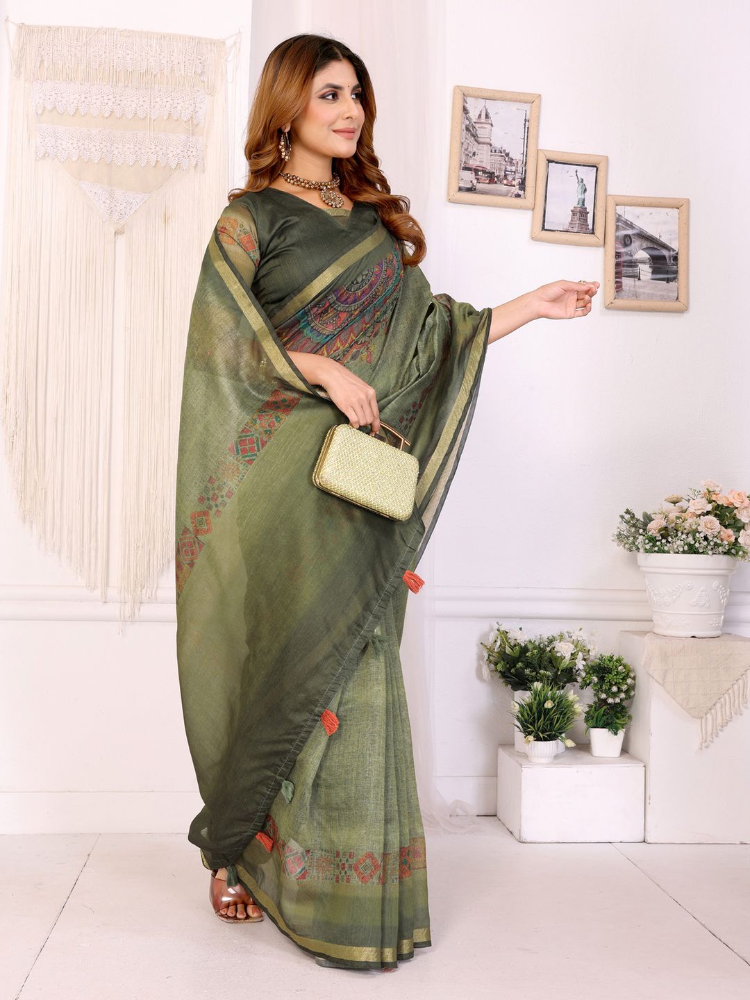 Olive Green Chanderi Cotton Saree with Printed Motif Border