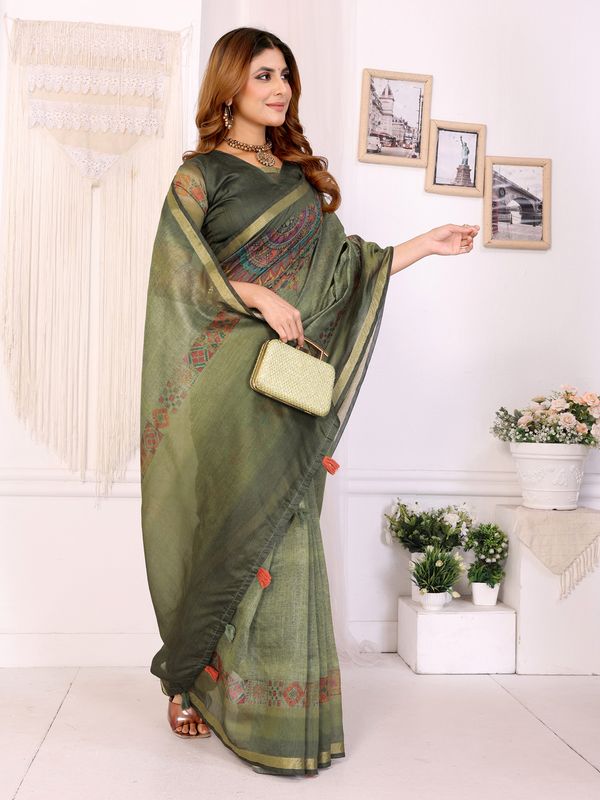Olive Green Chanderi Cotton Saree with Printed Motif Border