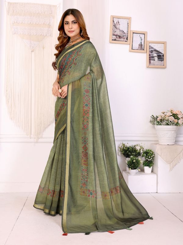 Olive Green Chanderi Cotton Saree with Printed Motif Border