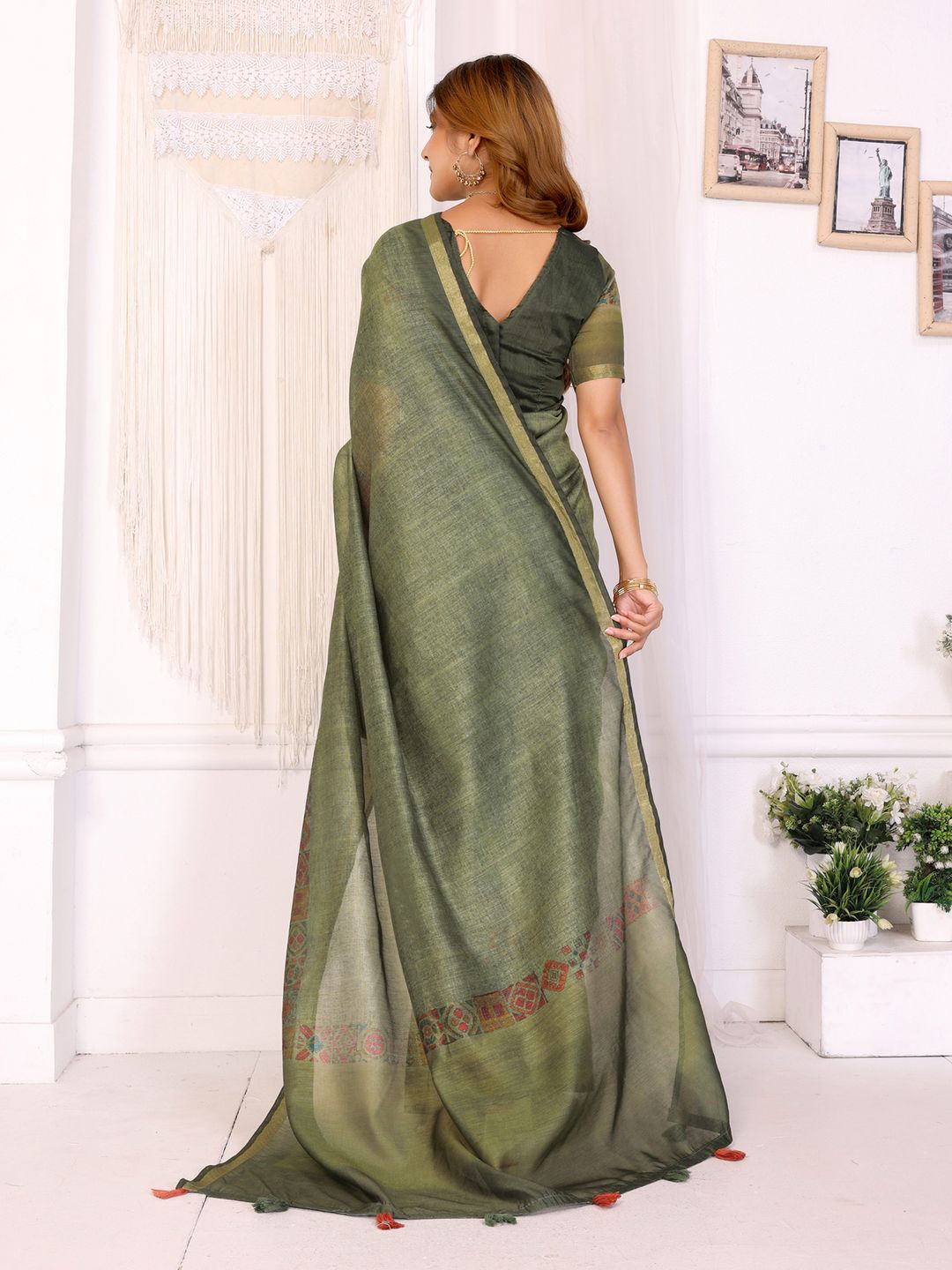 Olive Green Chanderi Cotton Saree with Printed Motif Border