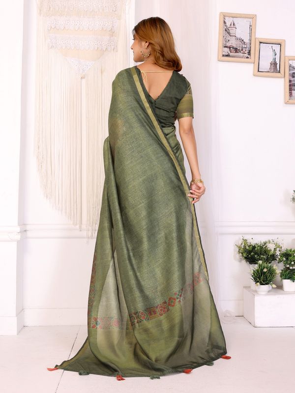 Olive Green Chanderi Cotton Saree with Printed Motif Border