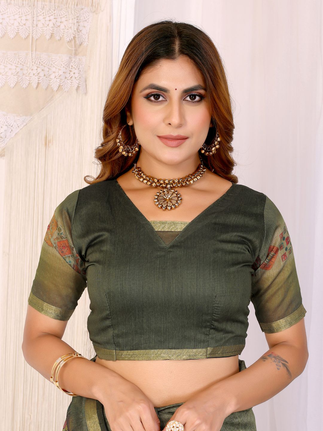 Olive Green Chanderi Cotton Saree with Printed Motif Border