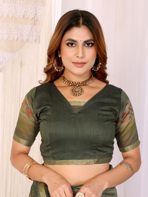 Olive Green Chanderi Cotton Saree with Printed Motif Border