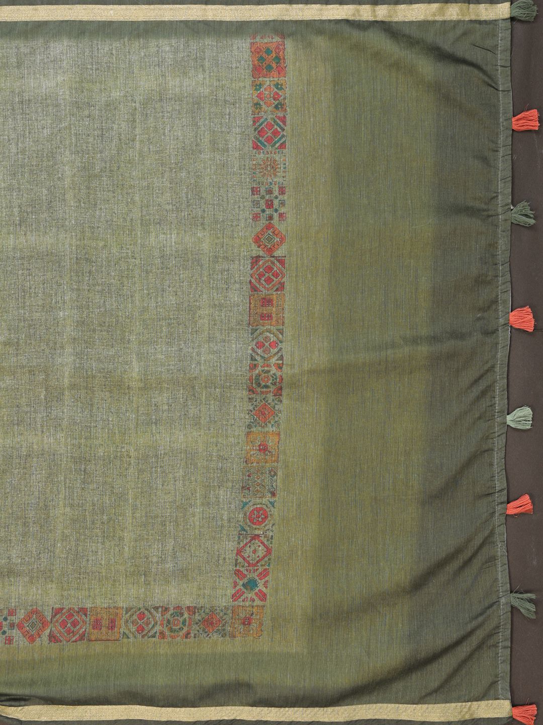 Olive Green Chanderi Cotton Saree with Printed Motif Border