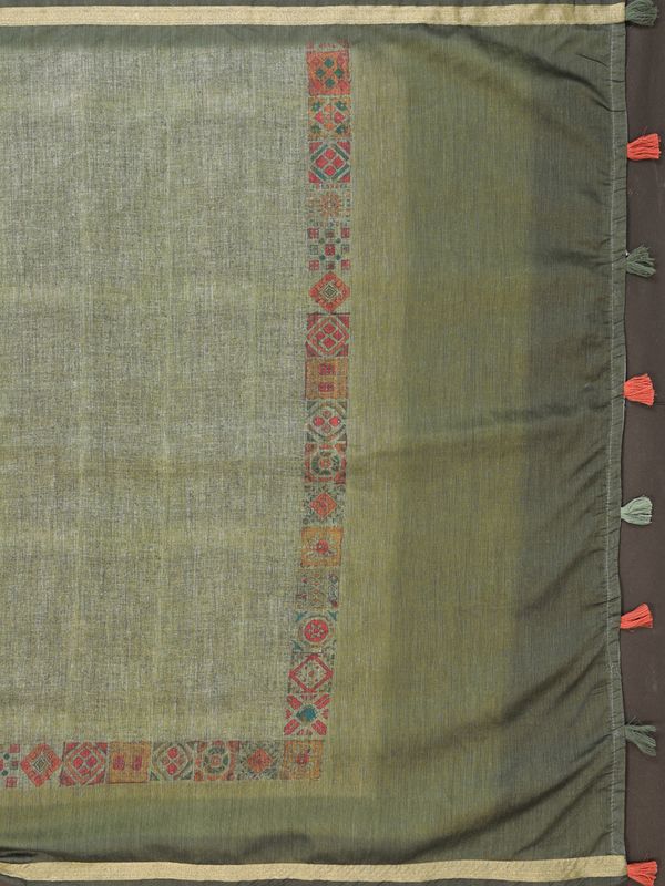 Olive Green Chanderi Cotton Saree with Printed Motif Border