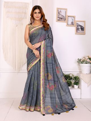Slate Grey Chanderi Cotton Saree with Floral Printed Border